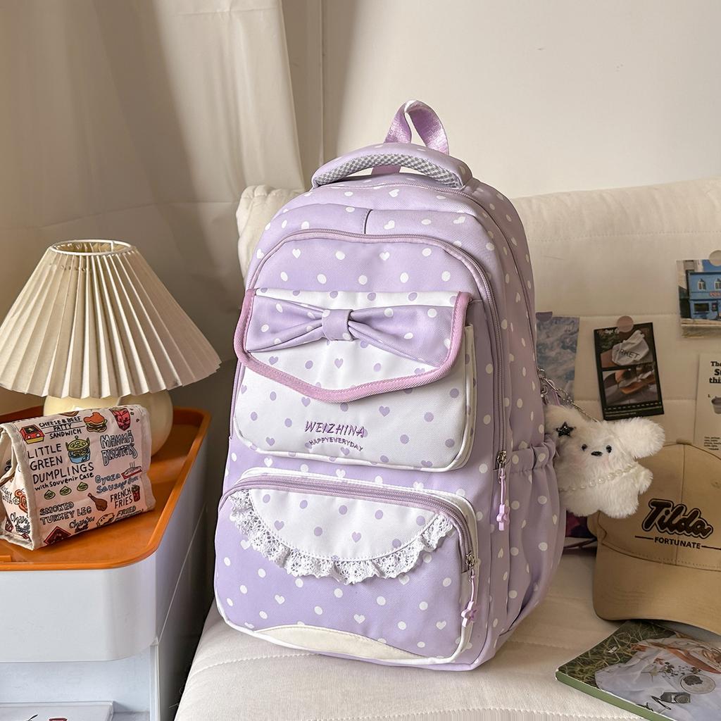 Schulranzen Frühling neu süßer Schulranzen hoher Wert Mittelschule Mädchen Mädchenherz Polka Dot Schleife vielseitiger Rucksack