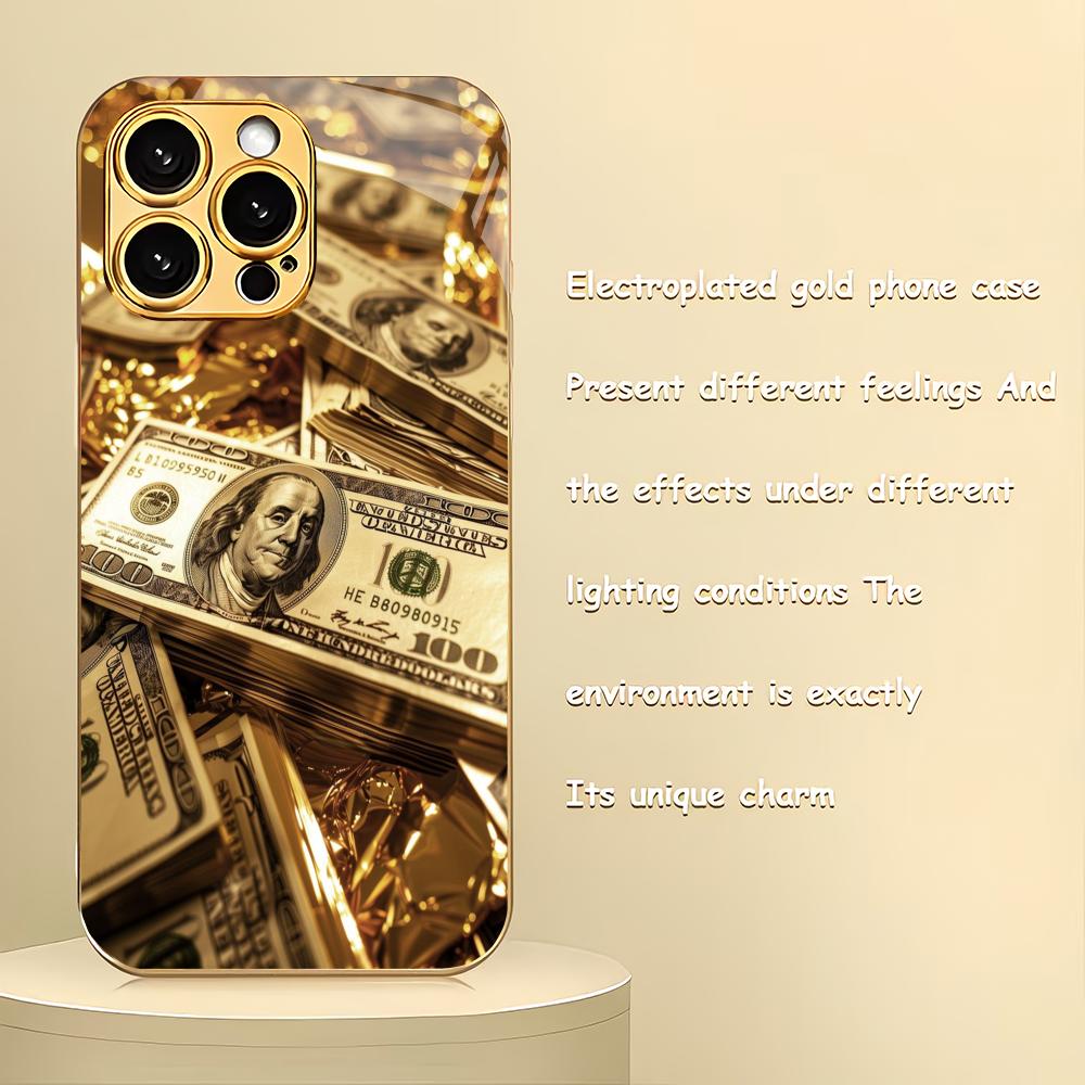 Funda de teléfono de cristal galvanizado con diseño de billete de dólar USD adecuada para iPhone 17 16 15 14 13 12 11 Pro/Max/Plus cubierta trasera a prueba de golpes