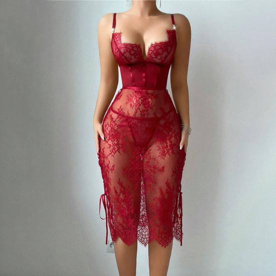 Sexy Lace Babydoll Dress for Women Sheer Mesh Chemise Sleepwear Side Split V Neck Nightgown for Honeymoon Anniversaries