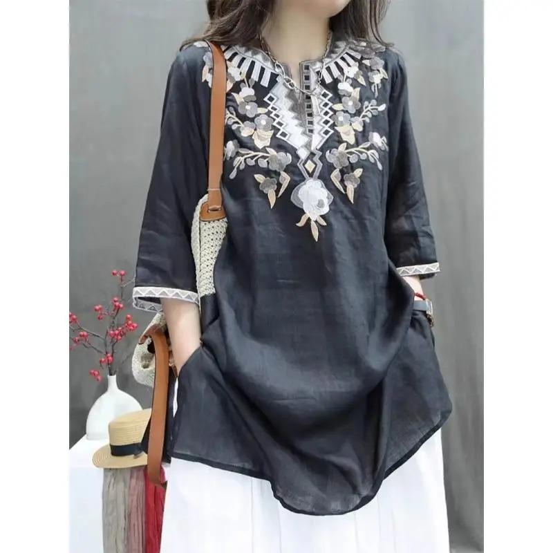 Summer Heavy Industry Women's Vintage Embroidered Medium Length Loose Linen Stylish Casual Pullover