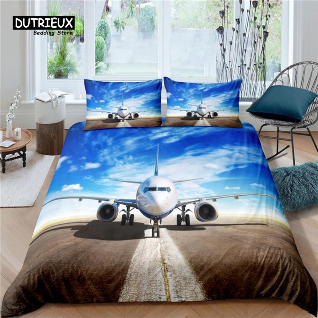 Home Living Luxury Airplane Runway Print 2/3Pcs Soft Duvet Cover PillowCase Queen and King Size Kids Bedding Set EU/US/AU Size