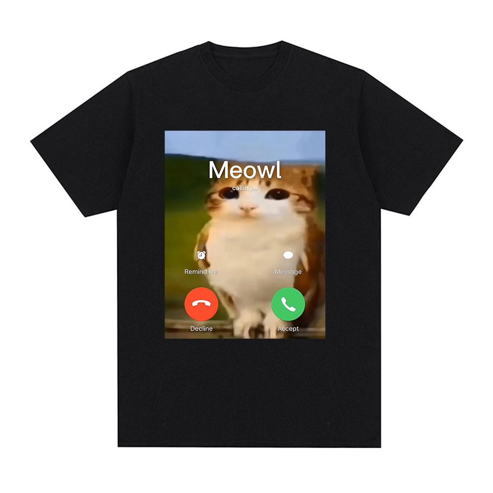 Meowl Is Calling Phone Call Meme Brainrot Funny Cat Owl Tshirts Mens Clothing Fashion Summer Short Sleeves Cotton T Shirts