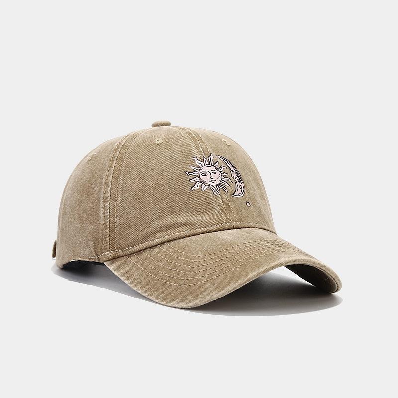 New heat transfer sun and moon pattern soft top baseball cap couple European and American washed retro cap