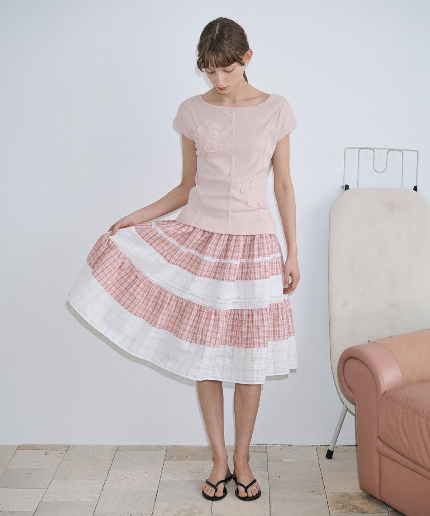 Sinun Smocking Color Block Flare Skirt (Red)