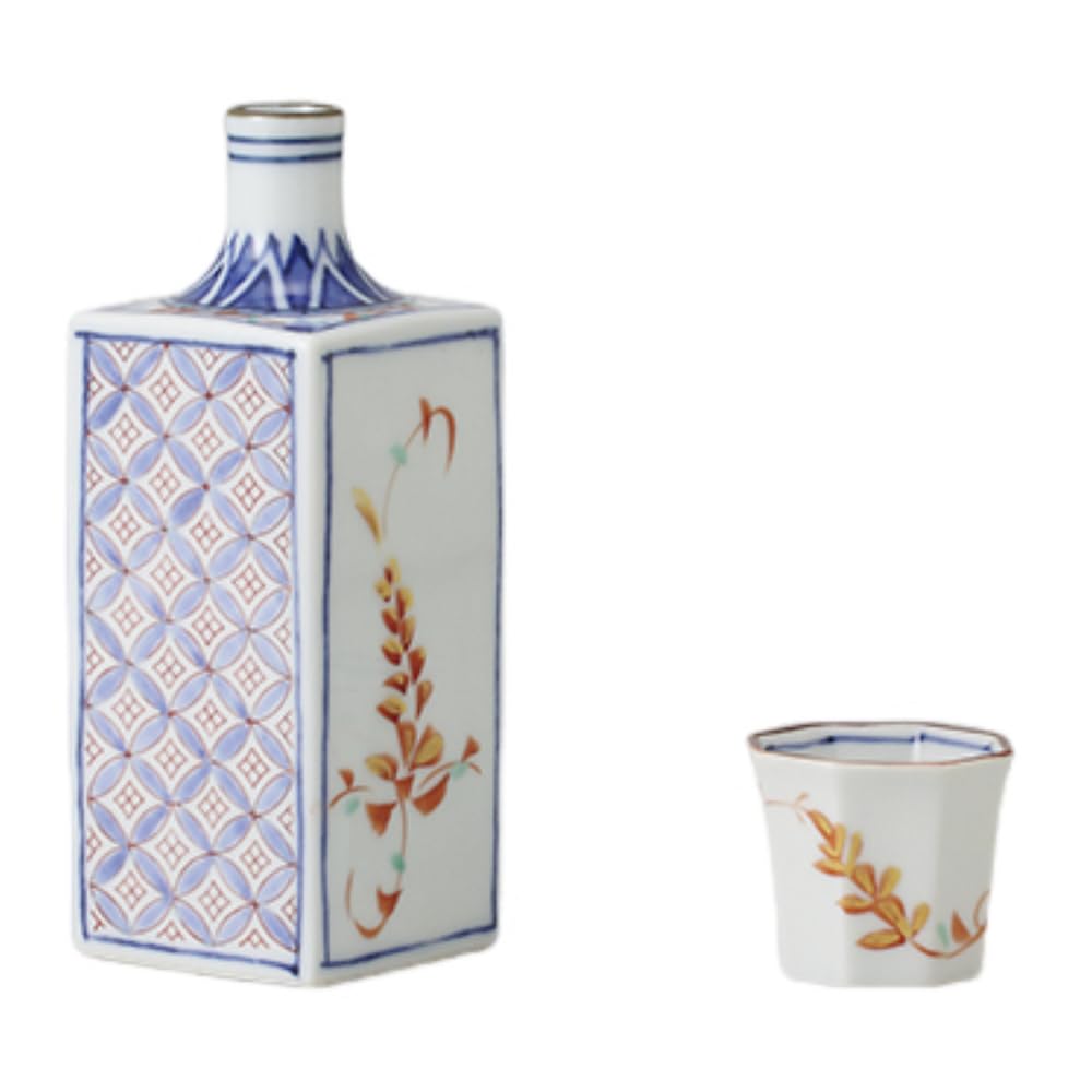 Sake Tokkuri and Ochoko Flower Square Tokkuri and Sake Cup Ceramic Mino Perfect for Cold and Hot Made In Japan Ale-net Set, Set, Hand-Called Design,