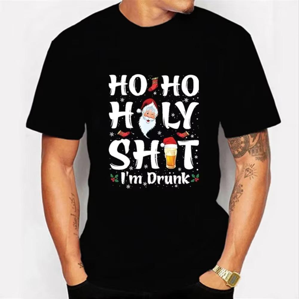 Ho Ho Holy Shit I'm Drunk Beer Print Men T-shirts Cotton Tshirt Christmas Santa Hat Graphic Tshirt Oversized Men Women Tee Shirt