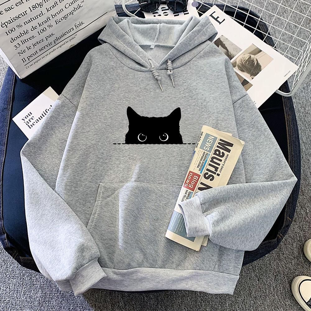 Black Cat Gaze Cartoon Hoodie Anime Print Cute Sweatshirt Funko Pop Casual Clothing Moletom Kawaii Comfortable
