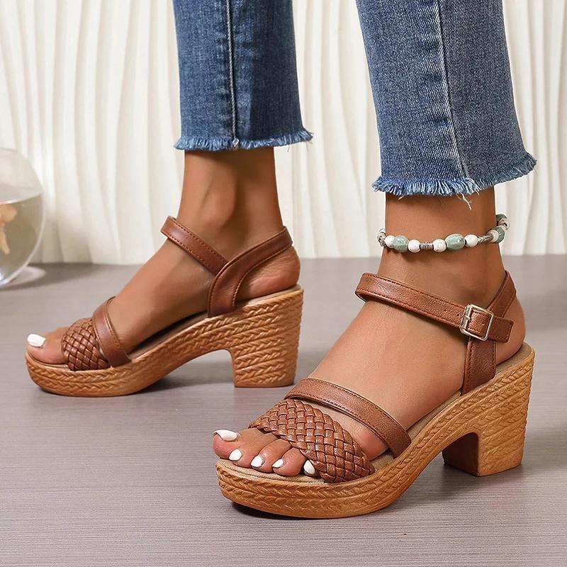 Damen Geflochtene Klobige Absatzsandalen Sommer 2025 Knöchelriemen Plateau Gladiator Sandalen Frau Mode Gewebte Hochhackige Sandalen