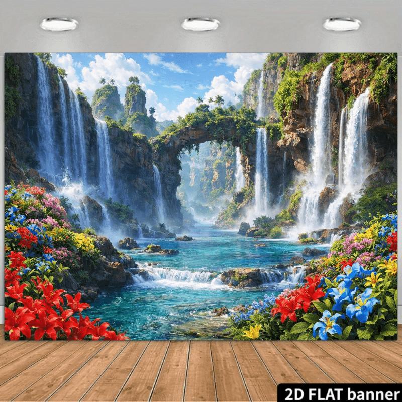2D Planar Natural Landscape Banner Background Featuring Mountains and Waterfalls As the Main Theme with Multiple Waterfalls