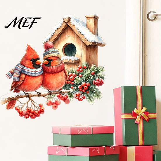 Festive Glass Door Decorations Christmas Bird Wall Sticker, Watercolor PVC Decal, Waterproof Winter Decorative Decals Theme Window Cling for Doors And