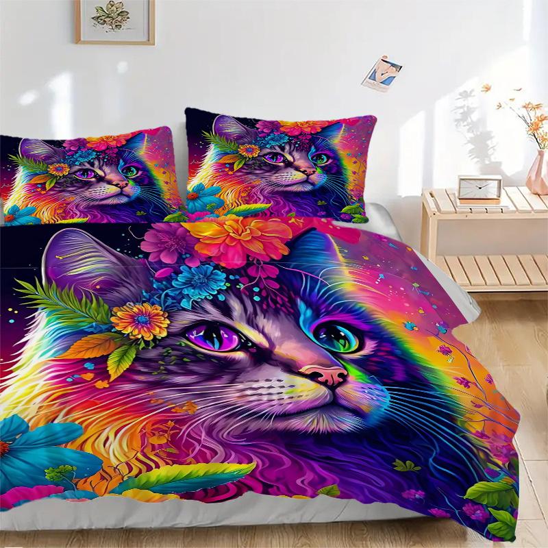 3pcs Multicolored Cat Quilt Set Cartoon Themed Bed Quilt Set Lovely Character Bedroom Decor Bed Quilt Set Four Seasons (1 Cover + 2Pillowcase NO