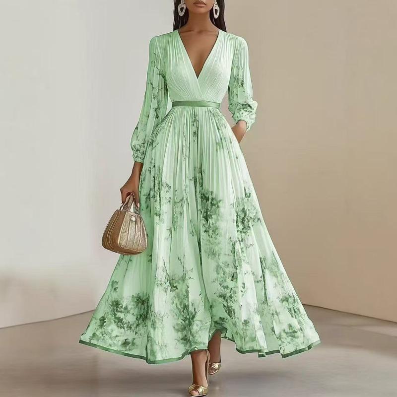 Women S Elegant Printed V Neck Pleated Long Sleeve A Line Dress Summer Slim Fit
