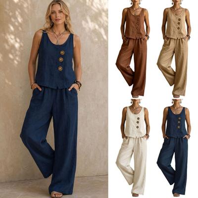 Sleeveless 2 Piece Sets for Women, Buttons Crew Neck Tank Top And Wide Legs Pants Matching Sets, Summer Loose Lounge Outfits