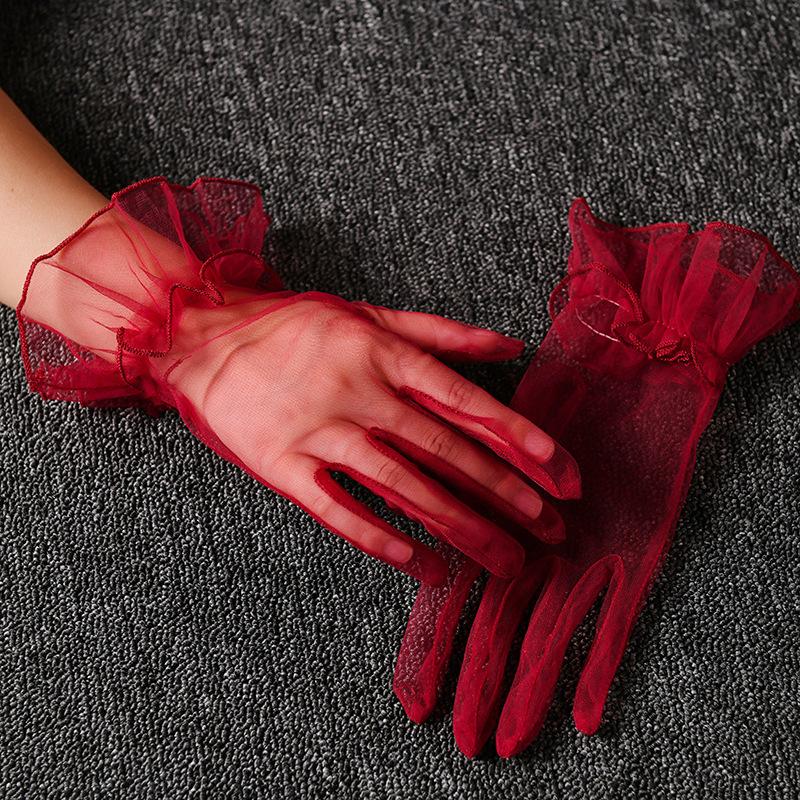 1 Paar Ultra Dunne Gaas Kant Handschoenen met Volle Vingers Korte Bruids Bruiloft Mesh Handschoenen Dames Elastisch Transparant Dames Tule Handschoenen