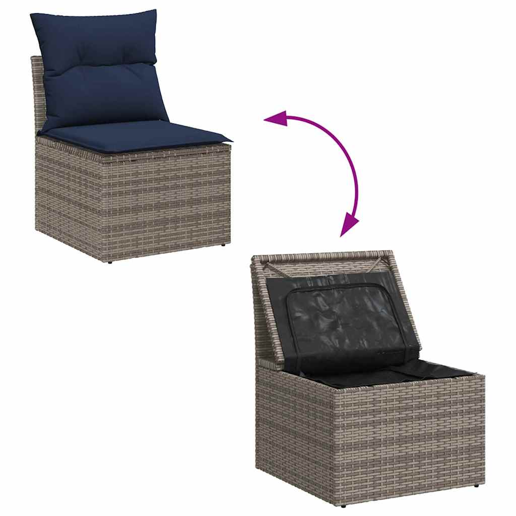 9 Piece Garden Sofa Set with Cushions Gray and Navy Blue Poly Rattan