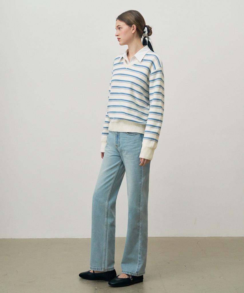 Deuloupisumeon Ripple Stripe Cotton V-Neck Knit [Brown]