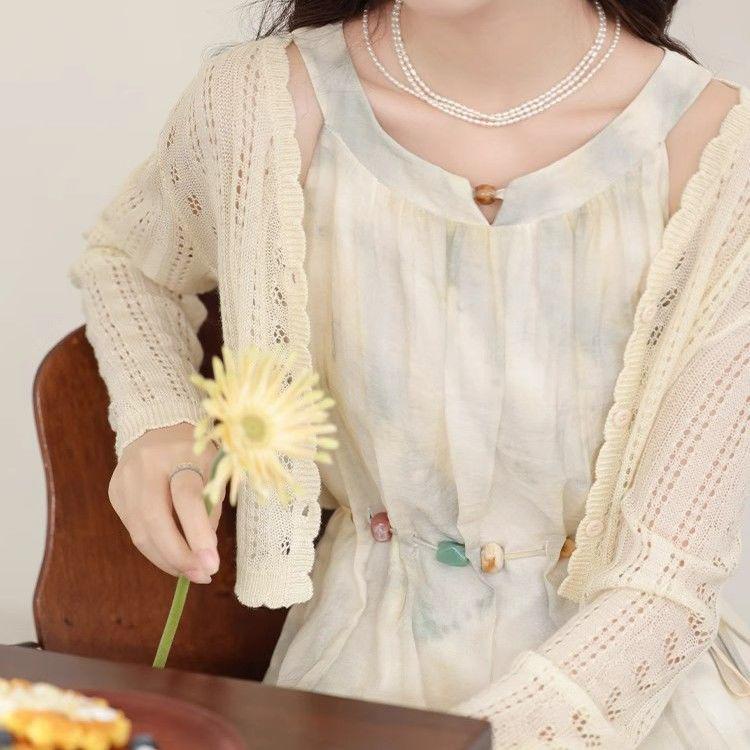Plus Size Women's Chinese Ink Wash Dress & Sun Protection Cardigan Set