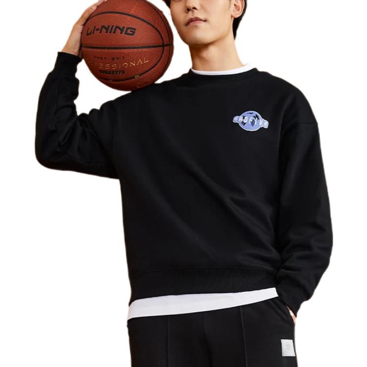 Li-Ning סווטשירט פולאובר מרופד פליז עם הדפס לוגו סדרת אנטי-וו טופים יוניסקס שחור AWDSC01-3