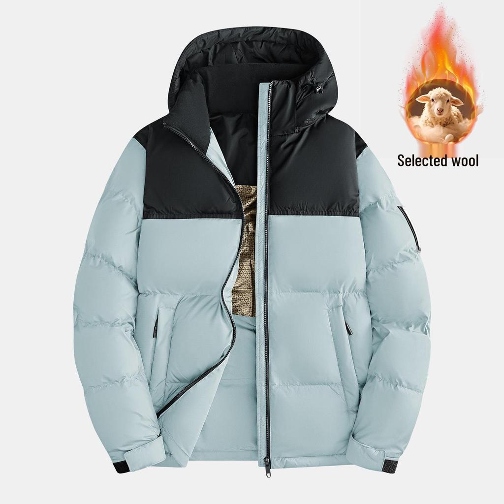 Men's Color Block Hooded Down Cotton Jacket with Wool Filling - Thick, Warm, Loose-Fit, Stand Collar Winter Coat