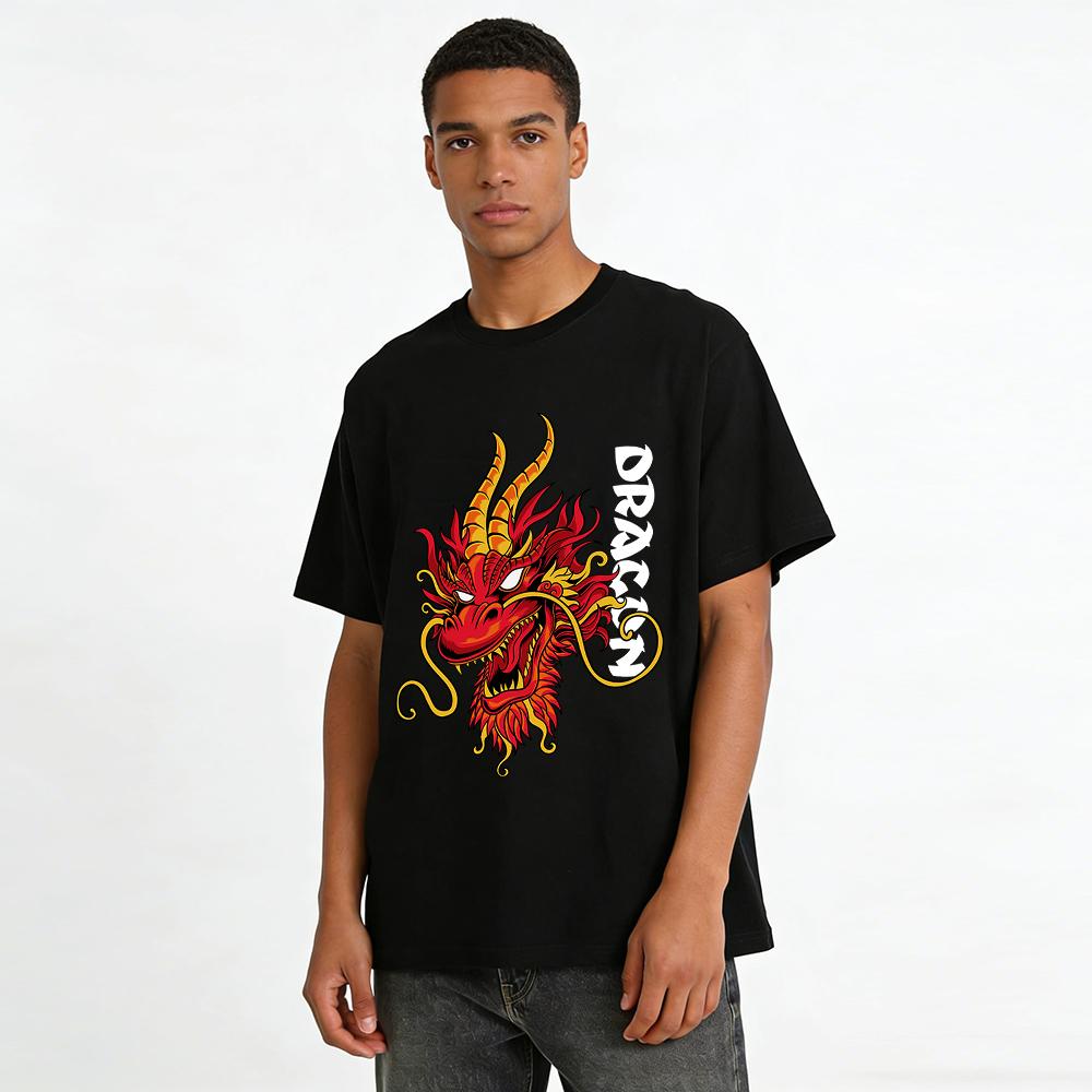 Chinesischer Roter Drache Aufdruck Trendiges Lässiges Lockeres Kurzarm Oberteil Reines Baumwoll T-Shirt