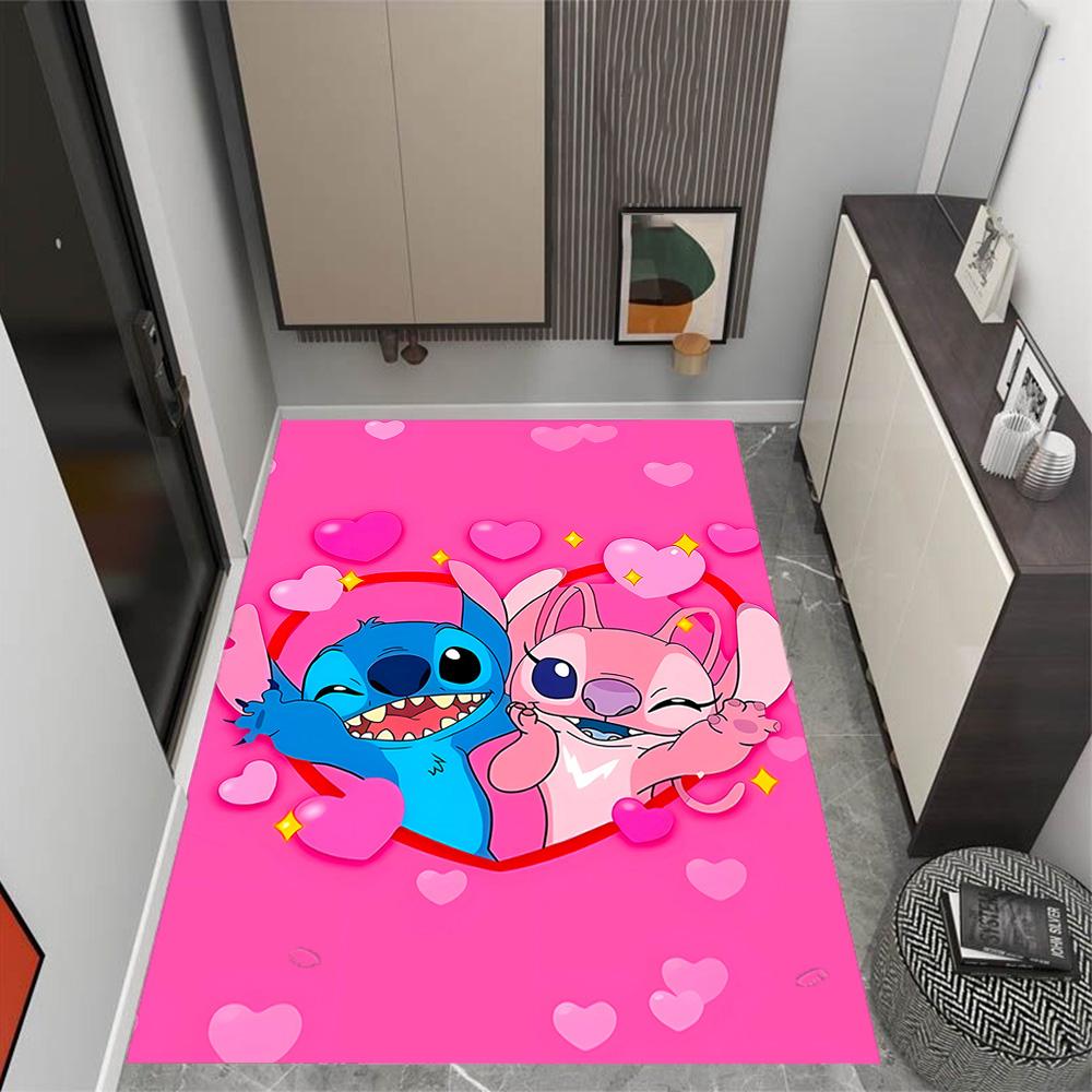 Stitch Adventure In Flowers Disney Cartoon Theme Anti-Slip Rug - Polyester, Home Decor, Suitable for Bedrooms, Living Rooms, Doorways, and Studios