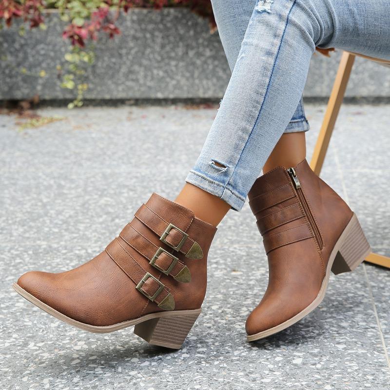 New Large Size Western Chelsea Leather Boots Women's Retro Belt Buckle Thick Heel Fashion Versatile Fashion Boots