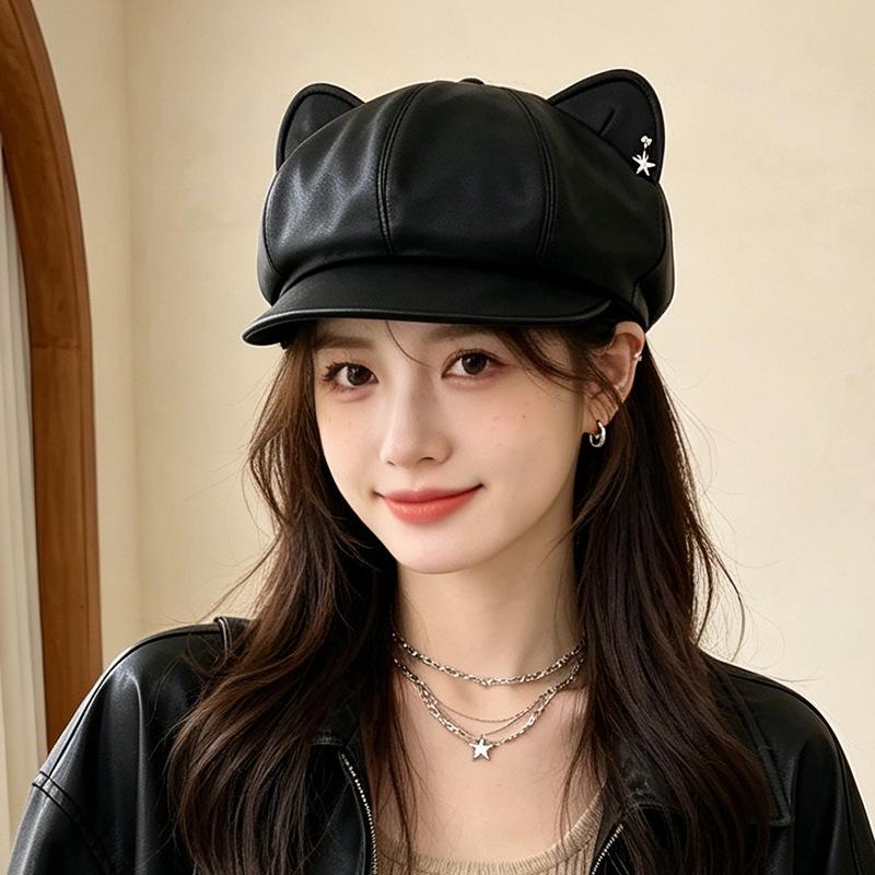 Fashion Versatile Hat Women's Sweet and Cool Wind Cat Ears Leather Octagonal Hat Autumn and Winter Versatile Face Small Winter Hat
