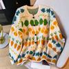 Sweaters Knitting Flower Cardigan Autumn Print Women O-Neck Bat Sweaters Loose Sweater