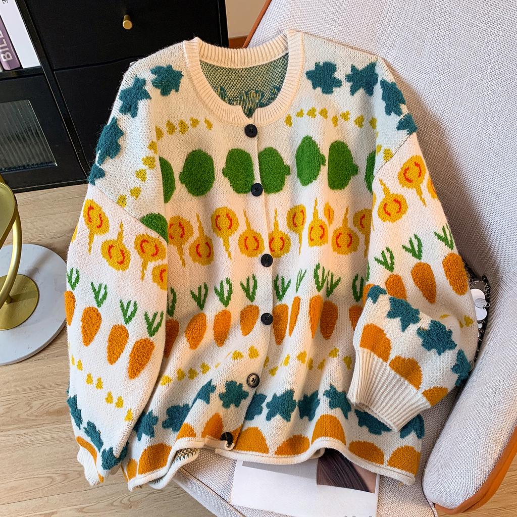 Sweaters Knitting Flower Cardigan Autumn Print Women O-Neck Bat Sweaters Loose Sweater