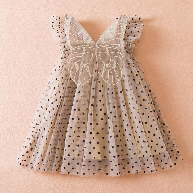 Girls Dress 2024 Summer Polka Dot Cartoon Printing Baby Girl Mesh Skirt Puffy Princess Tulle Dresses with Wings