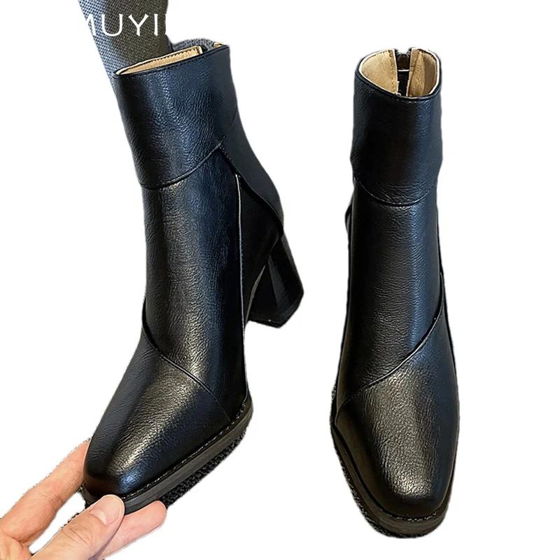 Winter Leather Women Ankle Boots High Heels Sexy Shoes Pointed Toe Chunky Chelsea Boots Trend Winter New Goth Botas Mujer