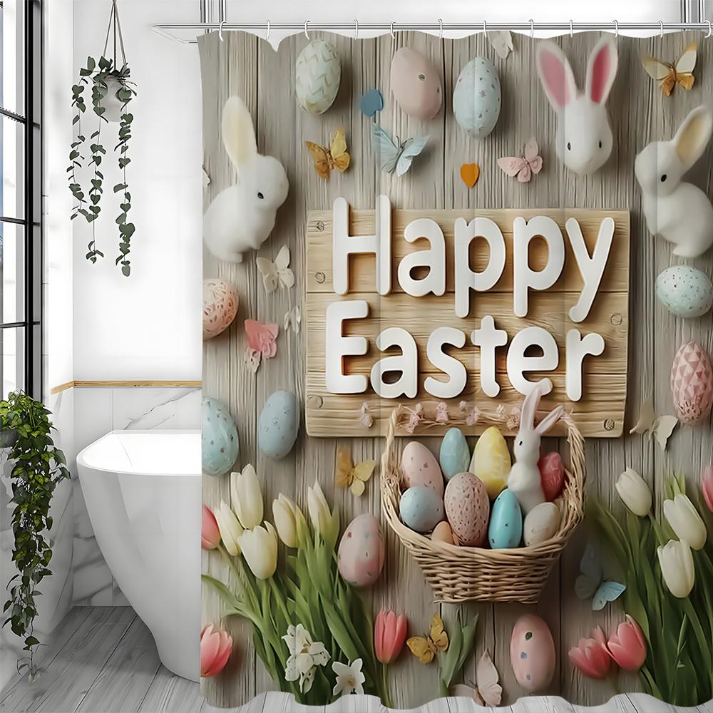 Fröhliche Osterhase Eier Floral Duschvorhang, Badezimmer Dekorativer Duschvorhang, Wasserdichter Duschvorhang mit Haken