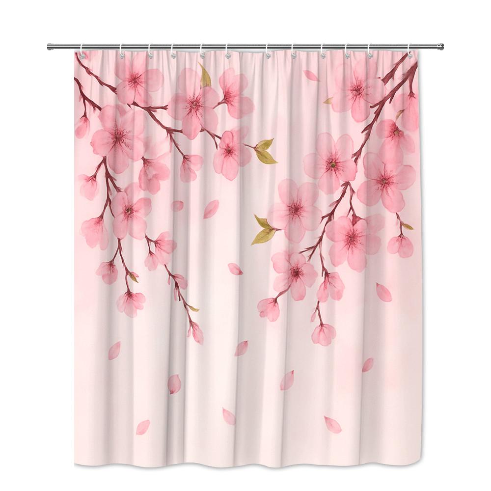 Pink Cherry Blossom Shower Curtain Soft Floral Branches Spring Time Decor Romantic Bathroom Style Waterproof Quick Setup