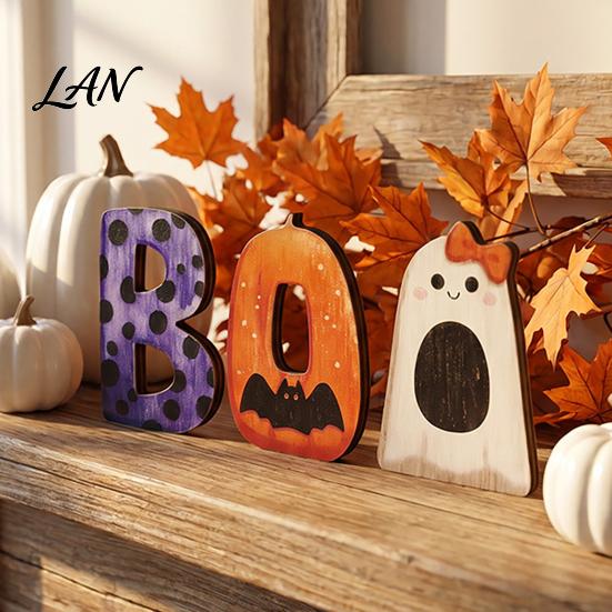 Playful Halloween Desktop Decorations Wooden BOO Ornaments, Lettering Decorations, Rustic Bat Pumpkin Ghost Themed Wood Crafts Table Signs for