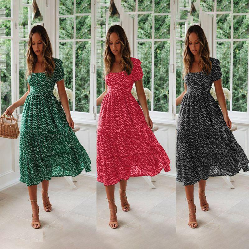 Elegant Women Polka Dot Boho Ruffle Maxi Beach Dress With Square Neckline
