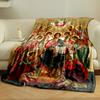 A central seated figure surrounded by halos, angels, and ornate designs. for all seasons blanket lunch break throw gift