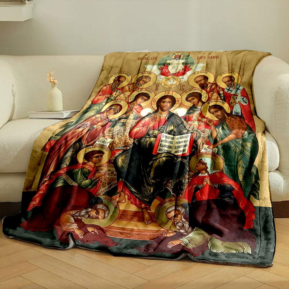 A central seated figure surrounded by halos, angels, and ornate designs. for all seasons blanket lunch break throw gift