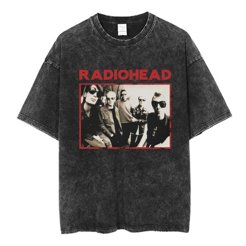 Radiohead Rock Band OK Computer Vintage Washed Tshirt Men Women Fashion Hip Hop T Shirts Cotton Casual Tshirts Streetwear