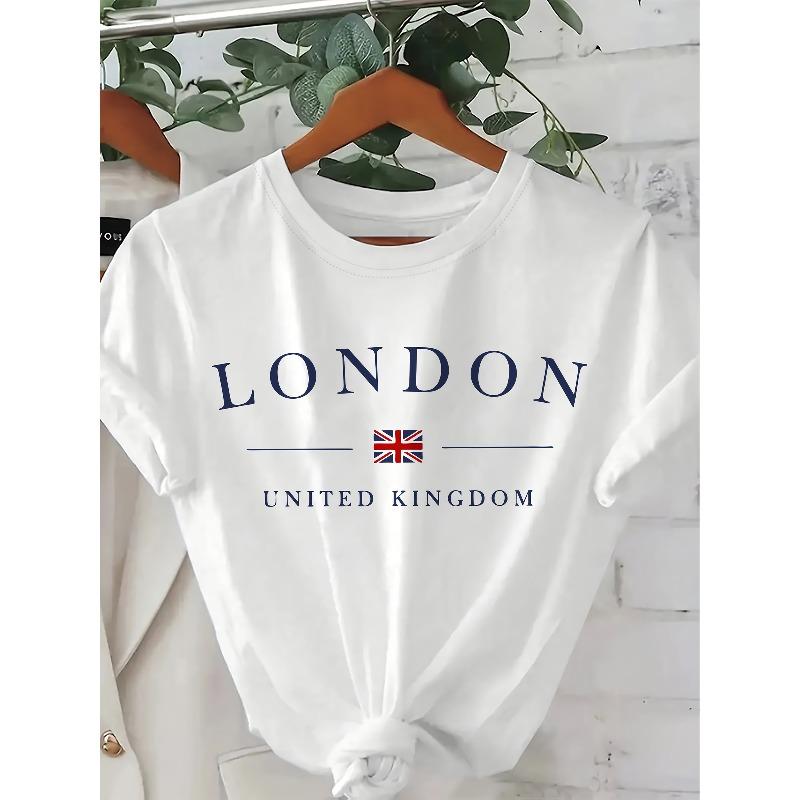 T-shirt con stampa a lettere taglie europee, Manica corta Girocollo Top Casual per Estate e Primavera, Abbigliamento Donna