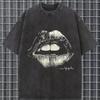 Men's Goth Grunge Punk Biting Lips Vintage Washed T Shirt Summer Women Tee Oversized Top Streetwear Casual Trendy Harajuku