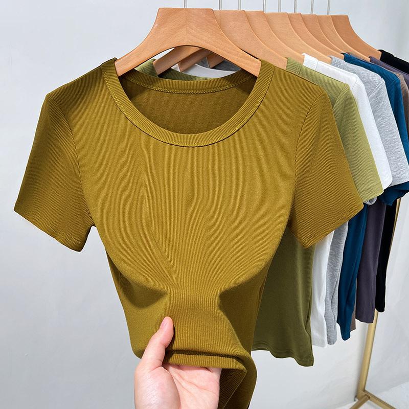 Kurzarm-T-Shirt mit Gewinde für Damen. Neues, einfarbiges Hemd mit innerer Bodenbildung für Damen. Modisches Oberteil mit großem Rundhalsausschnitt und Taille.