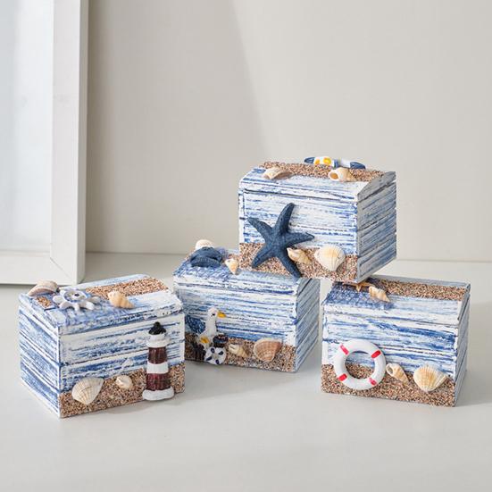 Coastal Wooden Trinket Box Handcrafted Nautical Jewelry Box with Starfish Shells Rustic Decorative Storage Box for Beach Home Decor