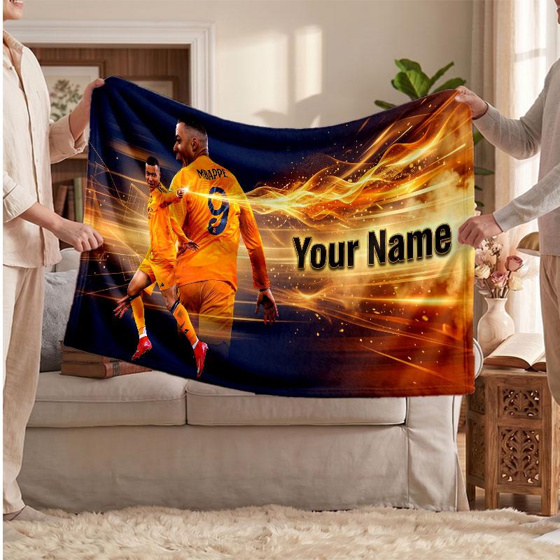 Kylian Mbappe Personalisierte Fleecedecke Mit Fußballlogo, Individueller Name Text Weich Warm Wohnzimmer Überwurfdecke