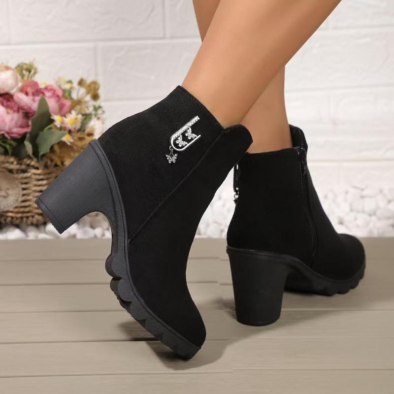 Fashion Autumn New Coarse Heel Cotton Boots Women's Pointed Head Hydrodrill Side Zipper Sleeve Anti-slip Wear-resistant Short Boots