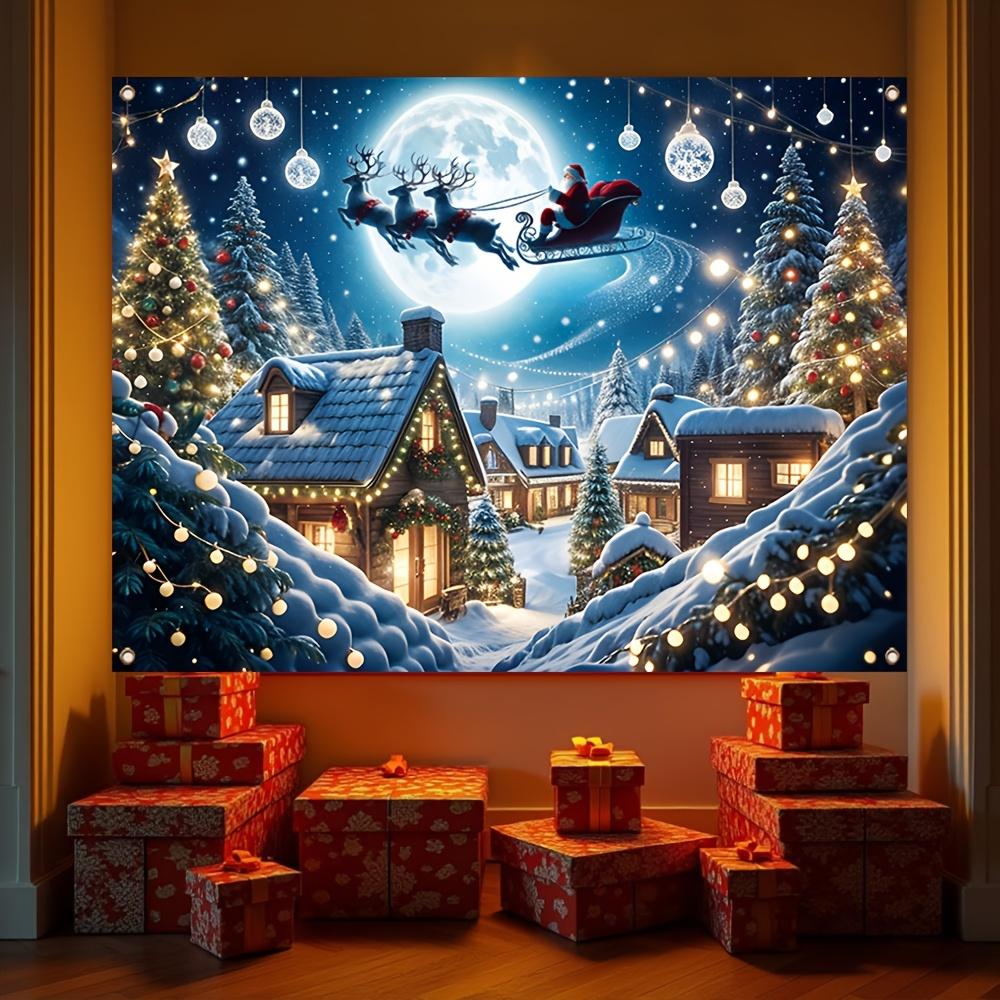 Christmas Village Polyester Background Banner Holiday Wall Decoration with Santa Claus Christmas Tree and Snow Scene