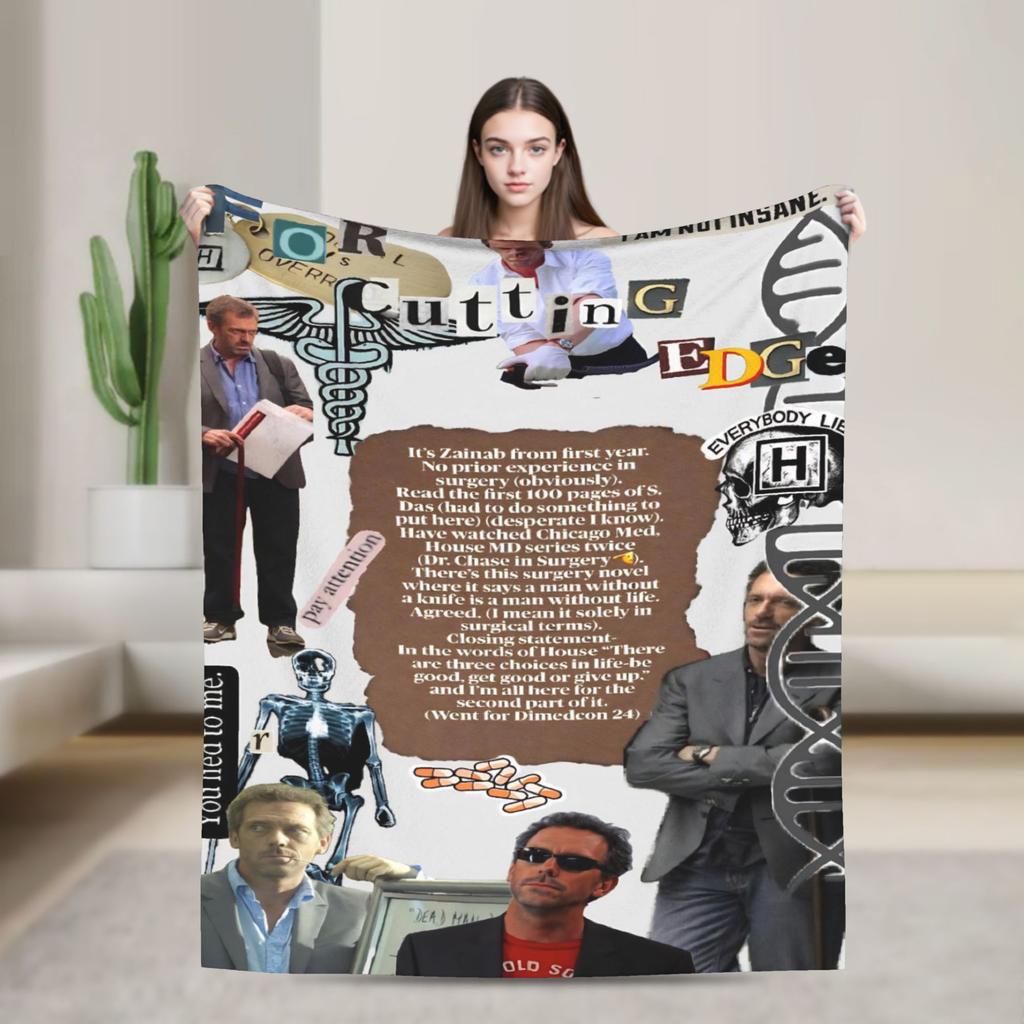 Dr. Gregory House Televisie Foto Collage Deken Picknick Flanellen Plaid voor Woonkamer Warm Zacht Kwaliteit Bedsprei Cadeau
