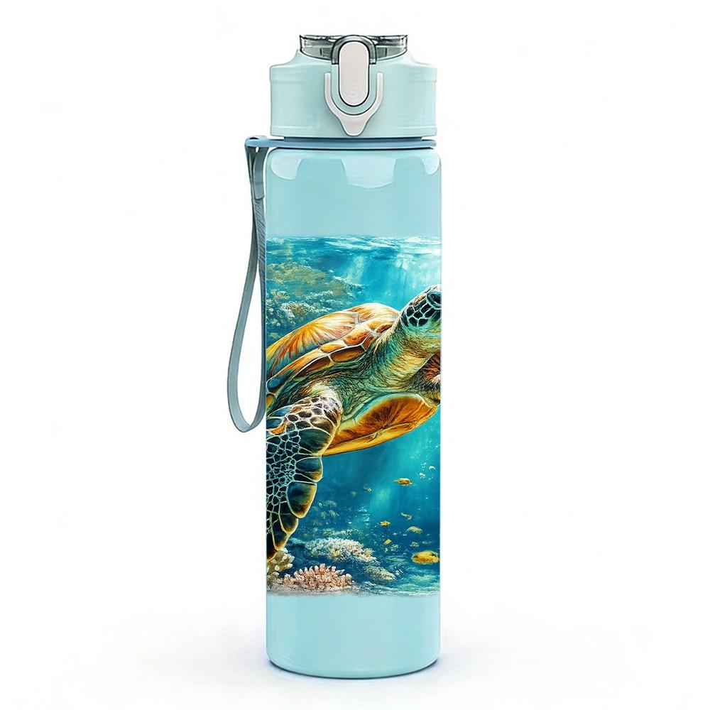 1PC Sea Turtle Coral Ocean Scene Print 750ml Color Plastic Sports Water Bottle Leakproof Flip Straw Lid Suitable for Sports Office Home Use