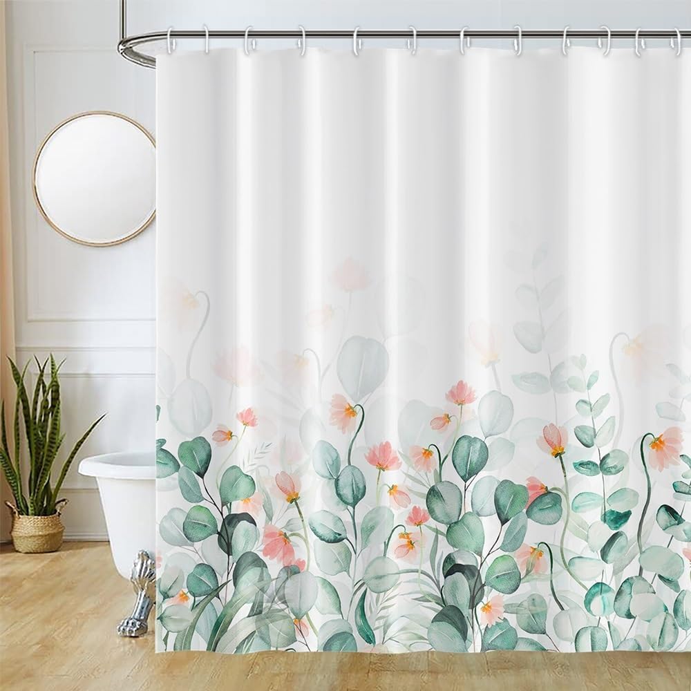 Abstract Green Gold Plant Pattern Shower Curtain Waterproof Washable Polyester Bathroom Curtain With 12 Hooks