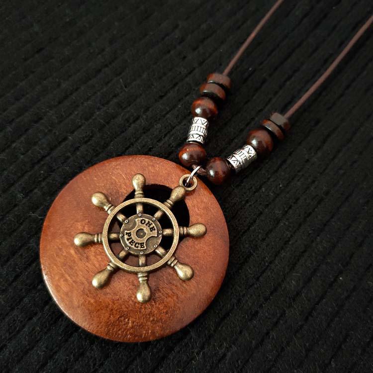 Ethnic Style Cotton-Linen Wooden Sweater Chain Necklace with Alloy Leaf Pendant