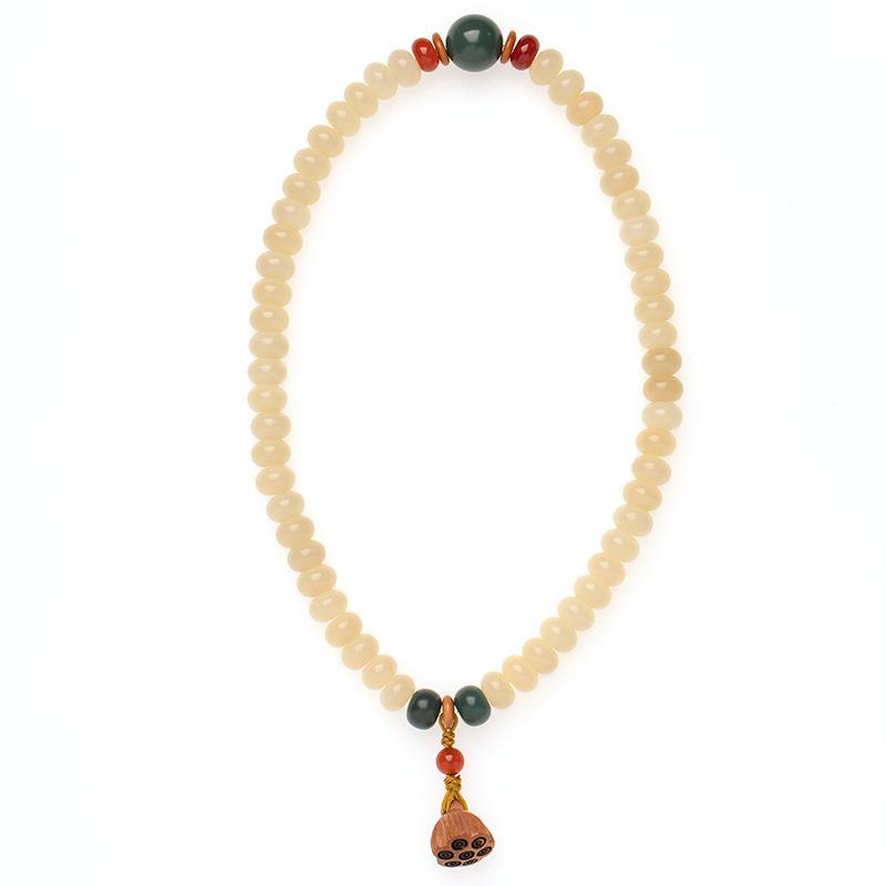 Cream Topaz Bodhi Root Bracelet: Unisex Double-Circle Buddhist Beads with Abacus and Lotus Motifs